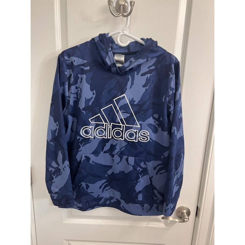 Adidas Boys Camo Print Pullover Hoodie Blue XL 18/20 Long Sleeve
